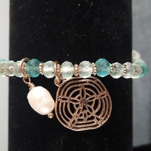 Beaded Stretch Bracelet Freshwater Pearl Sand Dollar Gold Charm Aqua Blue